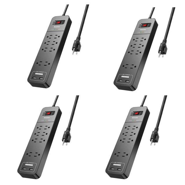 Huntkey Multiprise avec Cordon Robuste, 8 Prises et 2 Ports USB, Lot de Black (4