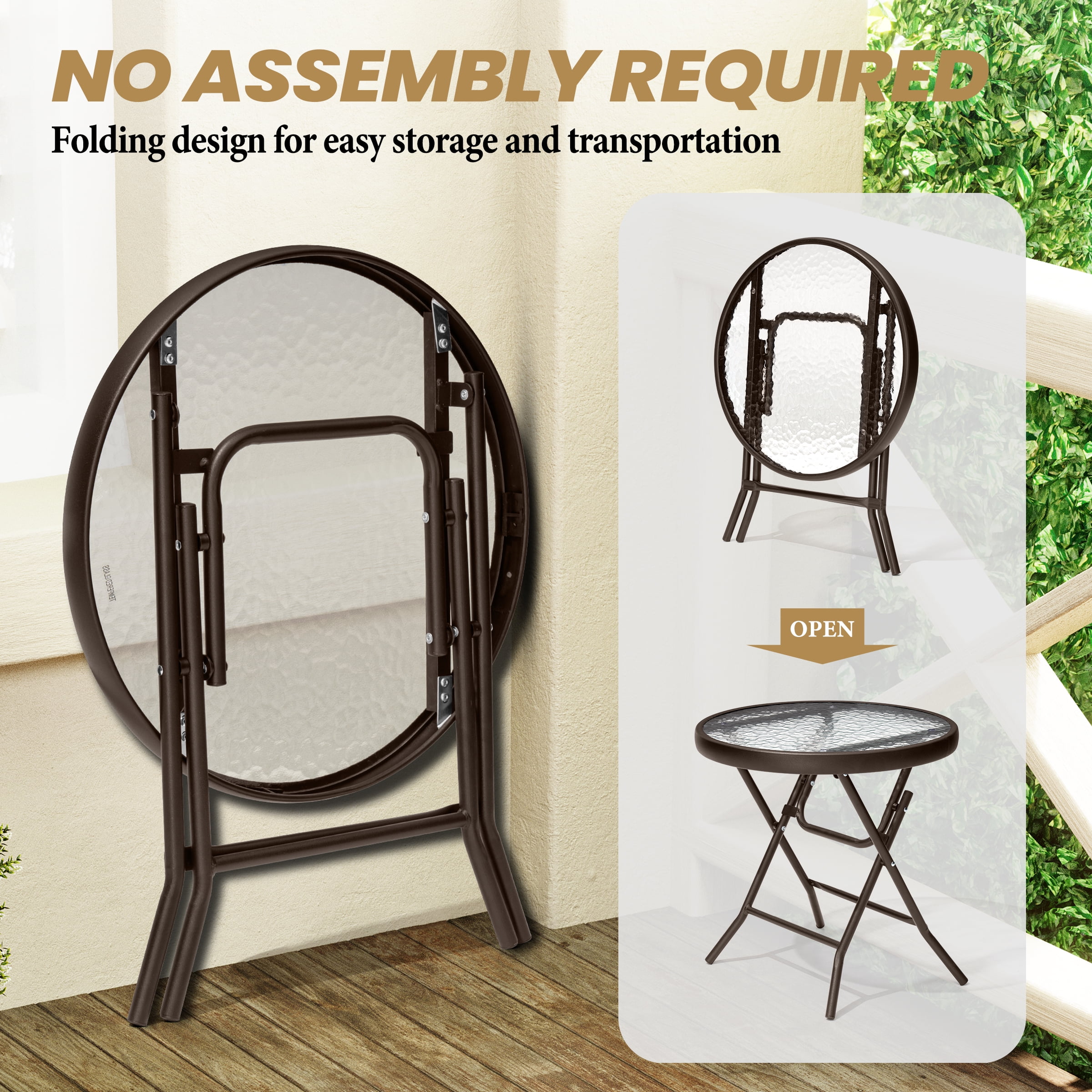 Crestlive Products Foldable Patio Side Table with Tempered Glass Top 18" Small Glass Patio End Tables (Brown，2PCS)
