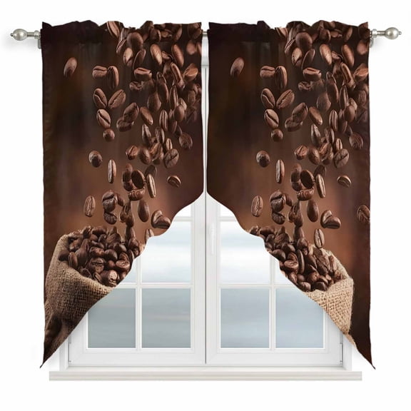 Coffee Beans Swag Curtains for Kitchen/Bedroom/Living Room, Dark Brown Falling Cafe Bean Sacks Modern Scalloped Curtains 63 Inch Long, Window Swag Topper Curtains Valances 2 Panels Set 36"x63"