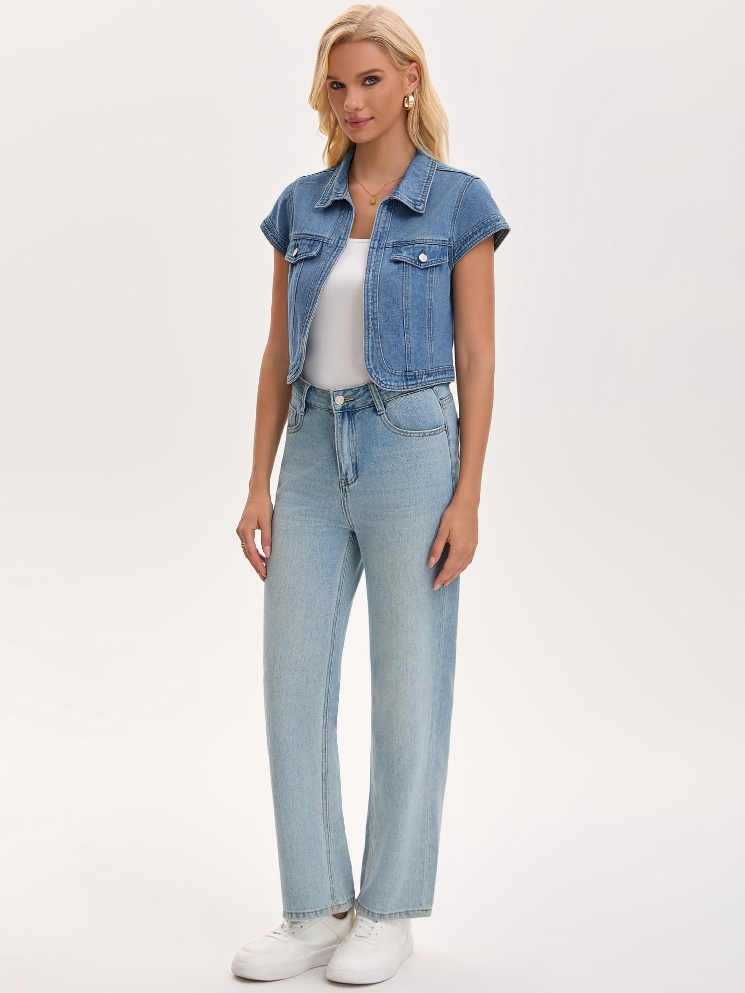 DARING DIVA Women's Cap Sleeve Shrug Collared Open Front Jean Jacket L Blue