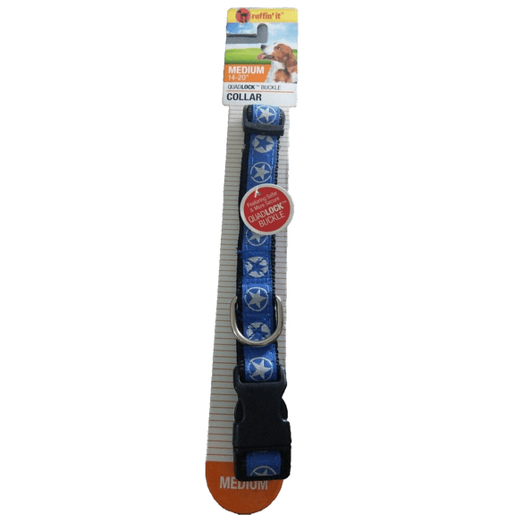 Ruffin' It Medium Quadlock Buckle Dog Collar, Blue w/ White Stars, 14-20"