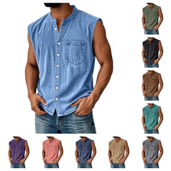 gzxflxpge Mens Tank Tops Casual Lightweight Breathale Henley Button Down Denim T-Shirts Retro Loose Fit Pure Color Blouse with Pockets Blue L