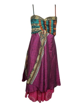 Mogul Women Vintage Recycled Sari Printed Sundress Layered Spaghetti Strap Boho Chic Beach Summer Dresses S/M