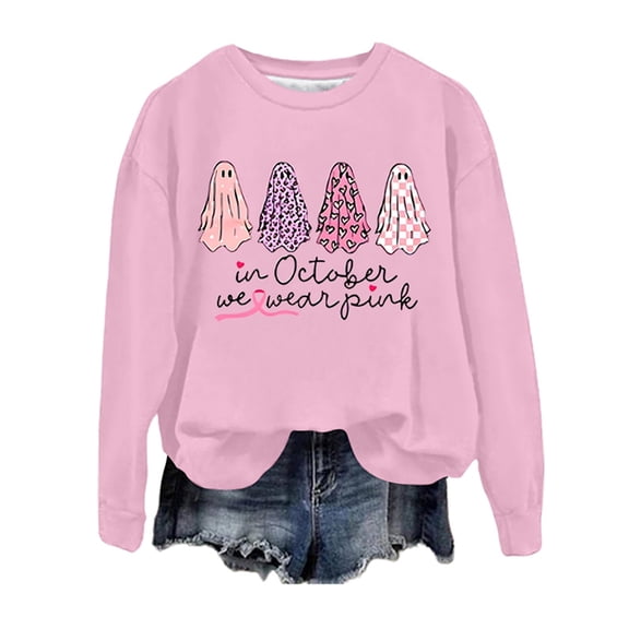 WEIWEN In October We Wear Pink Sweatshirt for Women Cancer Awareness Clothes Halloween Sweaters for Women Pullover Tops Womens Fall Outfits Women's Clothing M