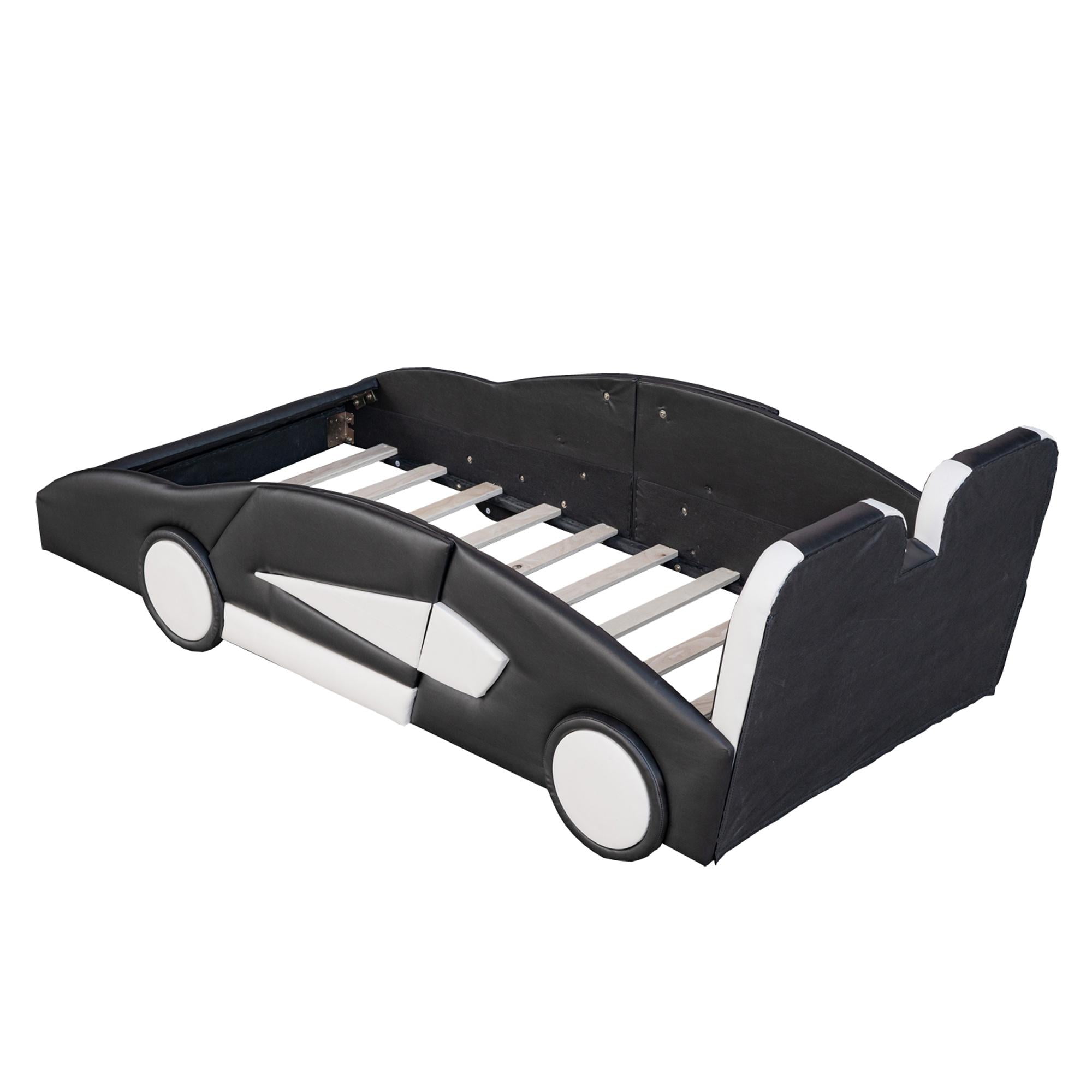 Bellemave Twin Size Race Car-Shaped Platform Bed with Wheels, Faux Leather Upholstered Boys Twin Race Car Bed, Twin Bed Frame with Slat Support（Black)