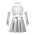 thumbnail image 3 of YiZYiF Girls 4pcs Jazz Dance Set Sequins Crop Top with Ruffle Skirt & Gloves Shiny Latin Cha Cha Dance Outfits Silver 6, 3 of 8
