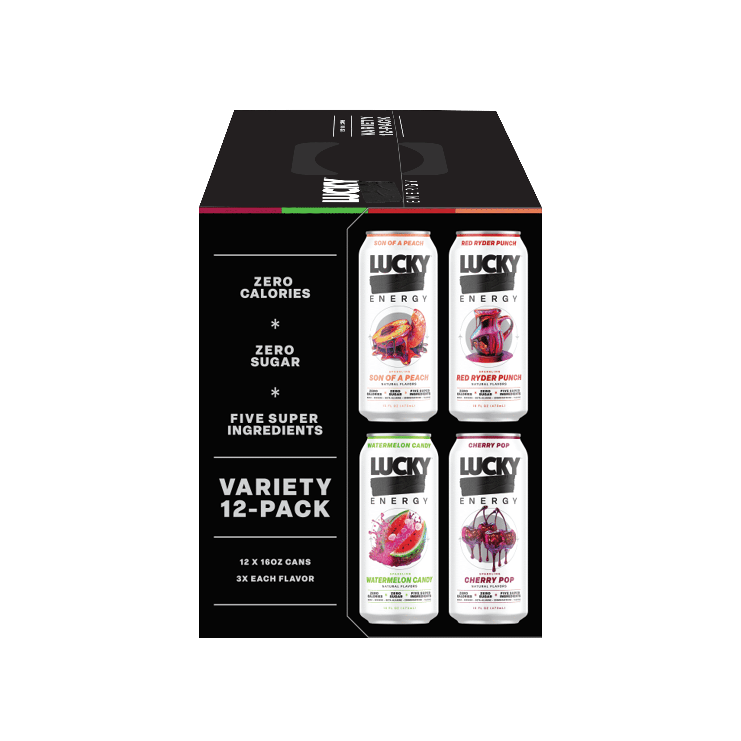 Lucky Energy Sugar Free Energy Drinks 16 oz Cans (12-pack), Variety Pack with Maca, Ginseng, Taurine, Beta-Alanine, 200mg Caffeine, Zero Calories