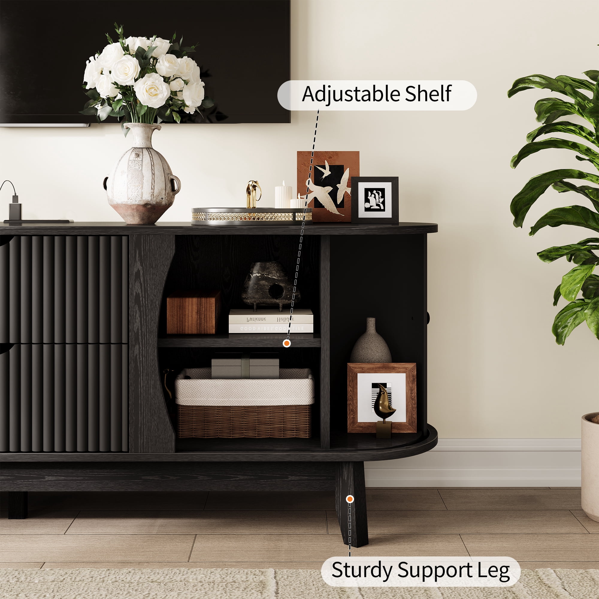 Garvee 63" Fluted TV Stand for TVs Up to 70 Inch, Modern Entertainment Center with Power Outlet, 2 Drawers, Side Cabinets with Adjustable Shelves, Curved Media Console Table for Living Room, Black