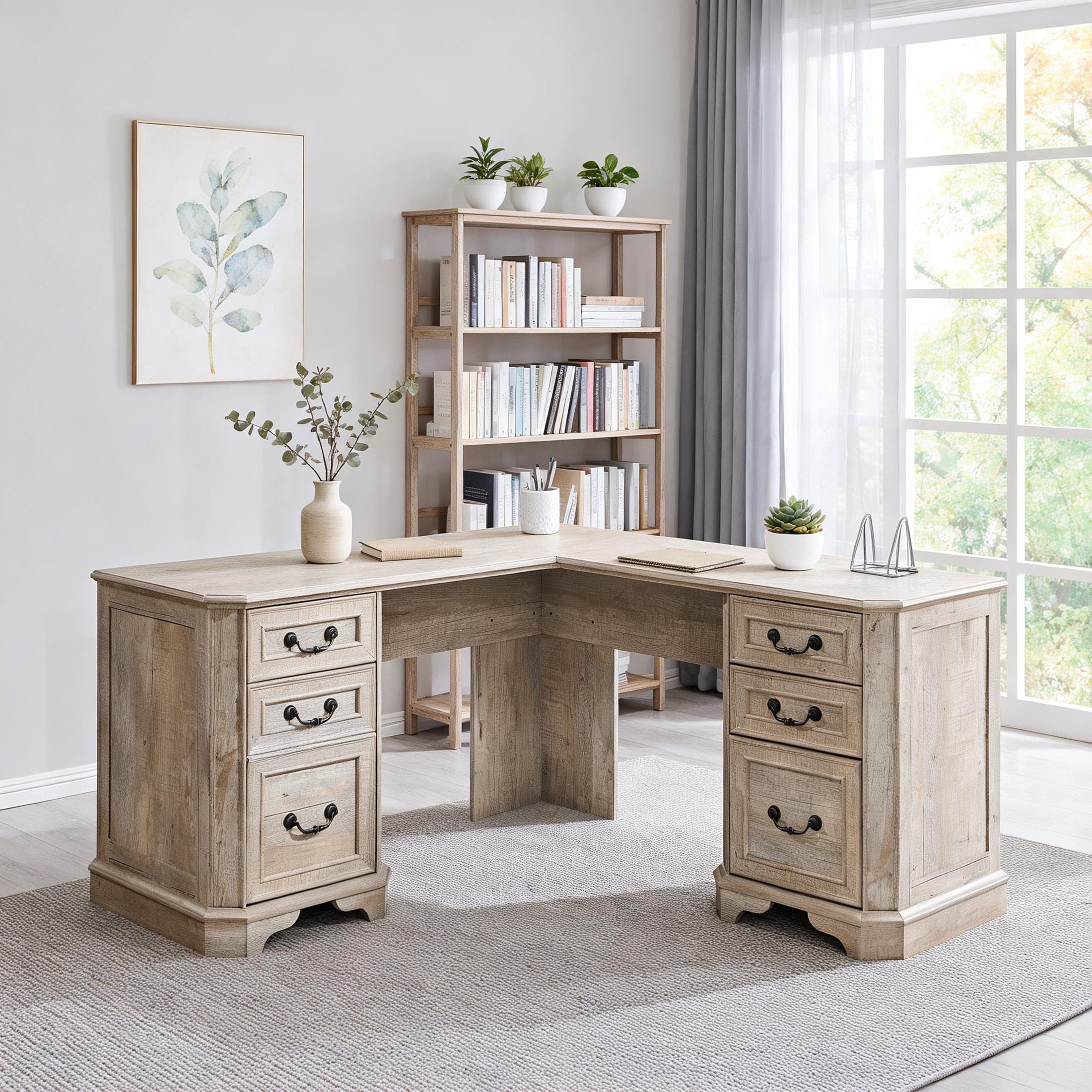 OKD Farmhouse L Shaped Desk with Charging Station and Drawers，Engineered Wood Executive Desk，for Home Office & Living Room