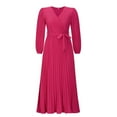 thumbnail image 4 of AKAFMK Dresses for Women 2024 Casual Slim Pleated Belted Long-Sleeve V-Neck A-Line Solid Color Dress Party Maxi Dresses Hot Pink, 4 of 6