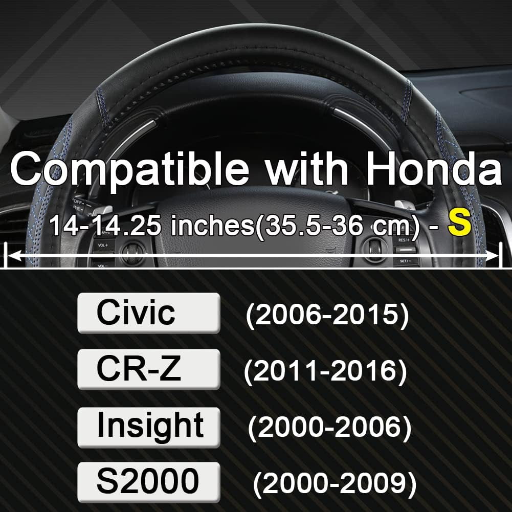 Customized Auto Leather Car Steering Wheel Cover for Honda Civic, CR-Z, Insight, S2000, 14" - 14.25" (Black+Red Line-Small Size)