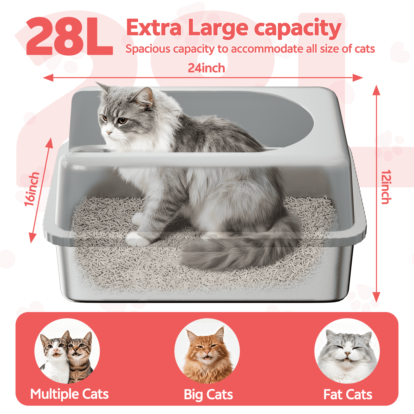 XL Stainless Steel Litter Box,23.5"×15.5"×12" High Sided Cat Litter Box Metal Litter Pan with Lid Extra Large Litter Box with Scoop, Dark Gray