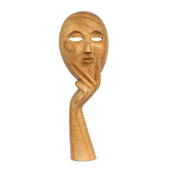 16" Wooden Hand Carved Abstract Thinker Mask Stand Alone Statue or Wall Hanging Sculpture Decor Handmade Home Accent Handcrafted Thinking Figurine Art