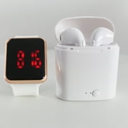 ZTECH Unisex LED Touch Watch and Wireless Headphones with Portable Charging Case Set - White watch strap with Rose Gold watch case and White earbuds (ZTSET-5)