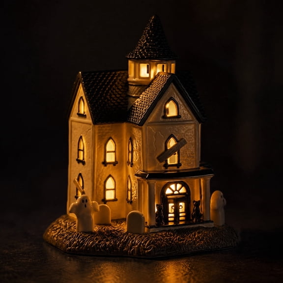 Light Up Halloween Manor, Porcelain Village House, Vintage Tabletop Decor with Pumpkins Ghosts, Battery Operated Vintage House, Spooky Village Accent