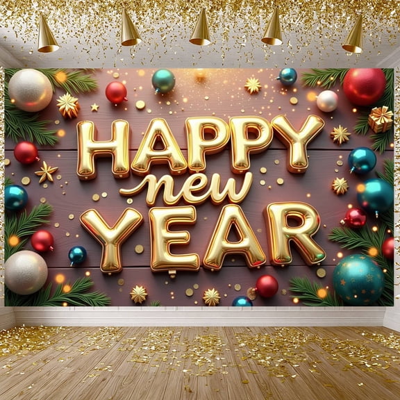 Gold Foil Happy New Year Banner Balloon Design New Year Display Colorful Ornaments Pine Branches Holiday Backdrop for New Year Party Christmas Celebration Indoor Decoration