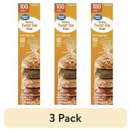 (3 Pack) Great Value Twist Tie Storage Bags, Gallon, 100 Count