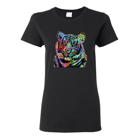 Cool Rainbow Neon Trippy Jungle Tiger Eyes Animal Lover Womens Graphic T-Shirt, Black, Small
