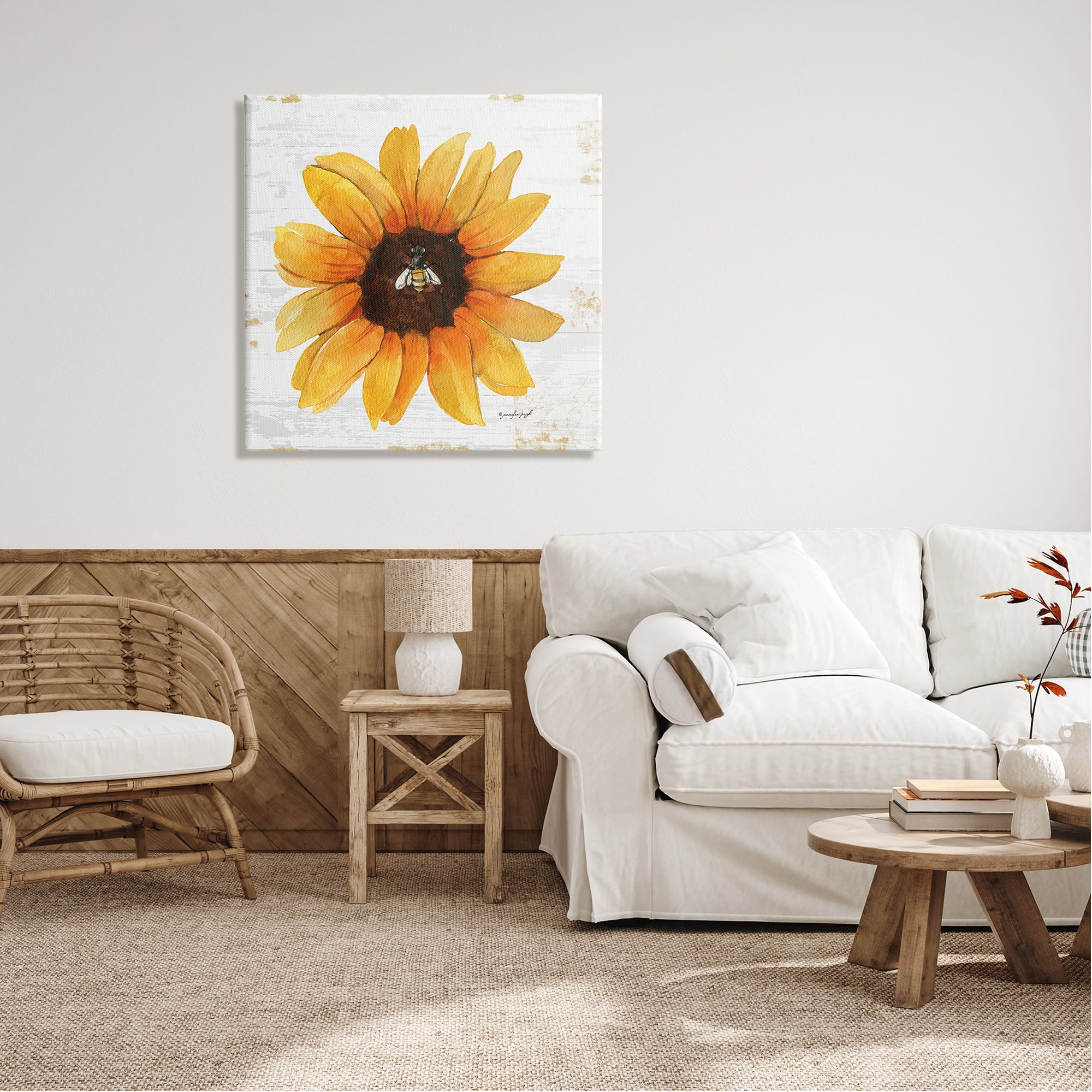 Stupell Industries Rustic Sunflower Petals Lone Bumble Bee Flower Design Graphic Art Gallery Wrapped Canvas Print Wall Art, Design by Jennifer Pugh