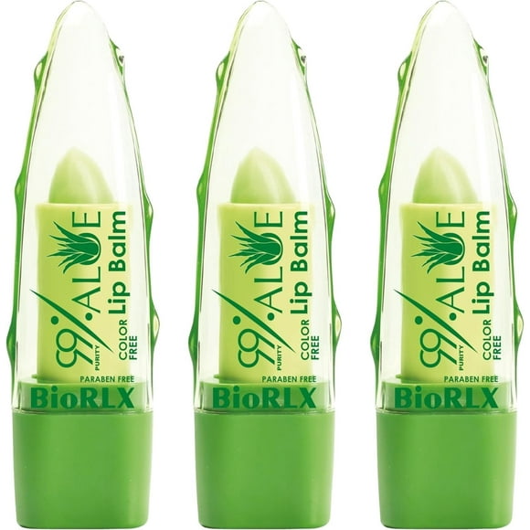BioRLX Bálsamo labial sin color de aloe vera de pureza del 99 % – Cuidado de labios unisex hidratante natural para labios hidratados y radiantes (tres bálsamos labiales) (Aloe – Sin color 0.12 onzas (