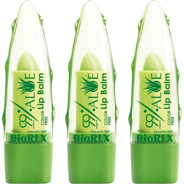 BioRLX Bálsamo labial sin color de aloe vera de pureza del 99 % – Cuidado de labios unisex hidratante natural para labios hidratados y radiantes (tres bálsamos labiales) (Aloe – Sin color 0.12 onzas (