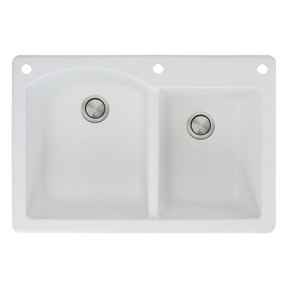 Transolid Aversa 33in x 22in silQ Granite Drop-in Double Bowl Kitchen Sink with 3 BAE Faucet Holes, In White