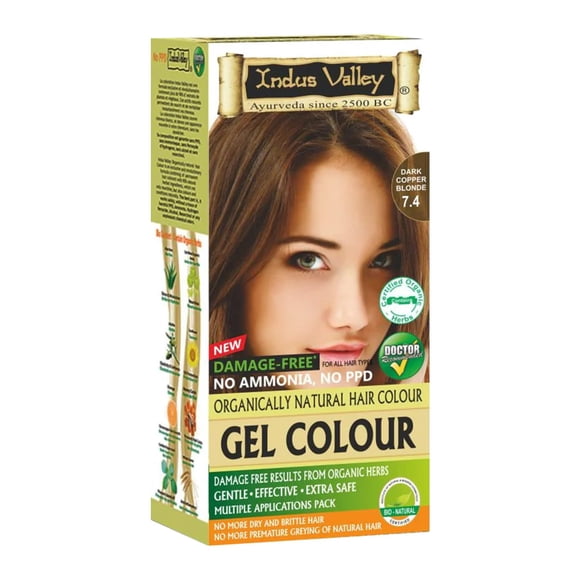 Color de cabello en gel orgánico natural sin daños de Indus Valley | Sin amoníaco, vegano y sin crueldad animal | de hasta el de las canas Resultados duraderos | Rubio cobrizo oscuro 7.4 (20 gramo