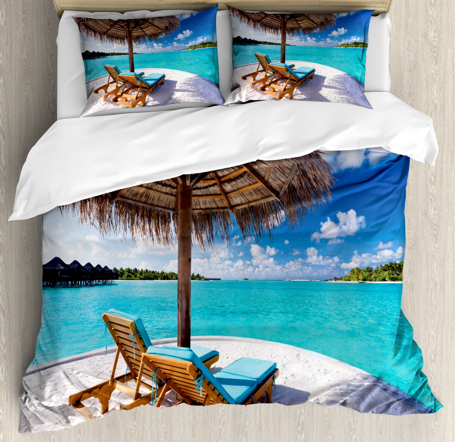 Beach Duvet Cover Set Queen Size, Maldives Scenic Seaside View Sunbeds ...