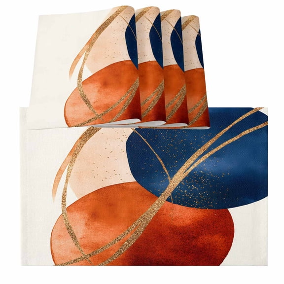 Navy Blue Burnt Orange Placemats for Dinning Table Set of 4, Geometric Modern Boho Art Burlap Kitchen Place Mats Waterproof Cloth Table Mats, Indoor Outdoor Placemats Easy Clean Dinner Decor