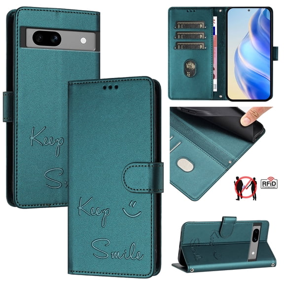 for Google Pixel 7 Case Wallet with RFID Blocking Card Holder, Shoulder Strap & Wrist Strap, Smile Pattern PU Leather Magnetic Clasp Flip Purse Case for Google Pixel 7, Darkgreen