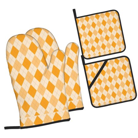 Argyle Pattern Orange Oven Mitts and Pot Holders Sets Baking Sets for Kitchen BBQ Gloves Heat Resistant Cooking \r\nClassic Retro Design 4 Pieces