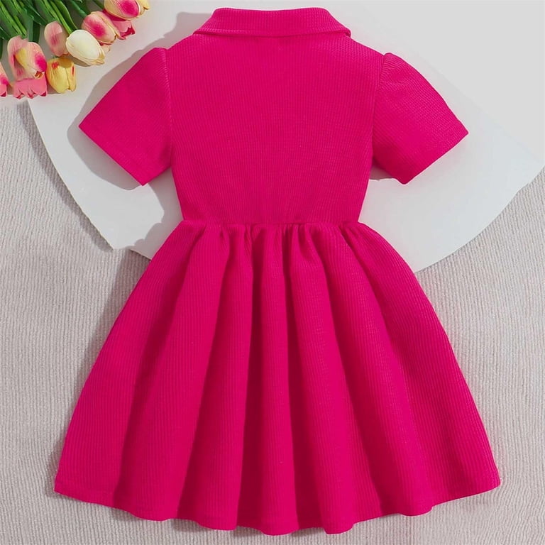 Heart Embroidered Dresses Girls Toddler Collared Aline Ruffle Preppy Polos Dresses Cute Back to School Outfits Hot Pink, Size 7 Y