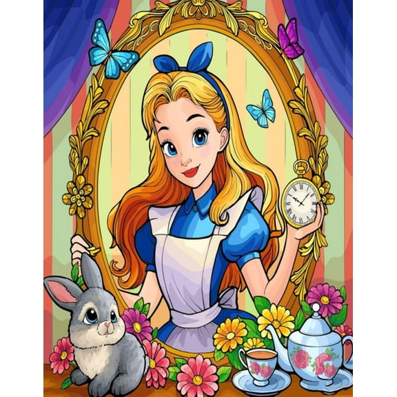 Alice in Wonderland 5D DIY Diamond Art Painting Kits Animation 12x16 Inch for Adults,Full Round Drill Rhinestone Embroidery for Wall Decoration