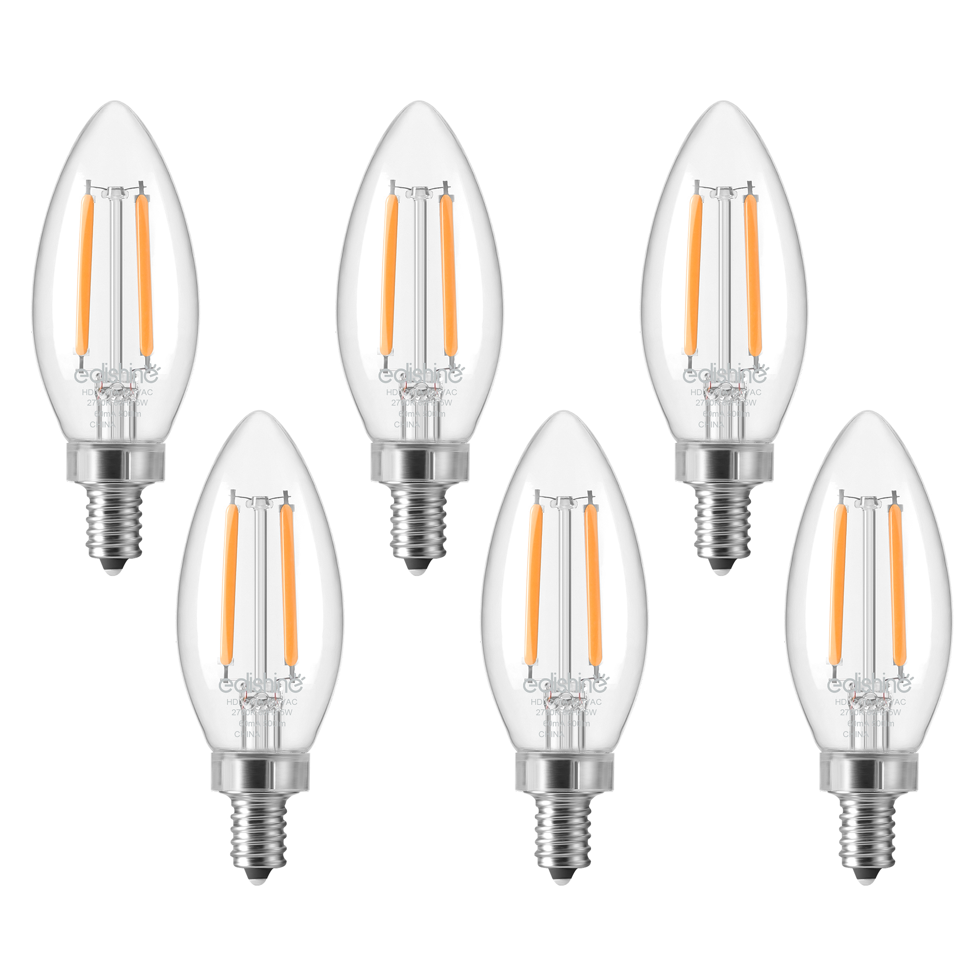EDISHINE 6 Pack LED Chandelier Light Bulbs, Dimmable B11/C11 E12 Base