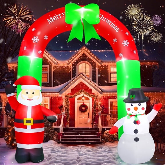 Yexmas 8FT Christmas Inflatable Archway,Christmas Blow Up Yard Decorations with Santa Claus and Snowman,Outdoor Christmas Decorations with Bow LED Lights