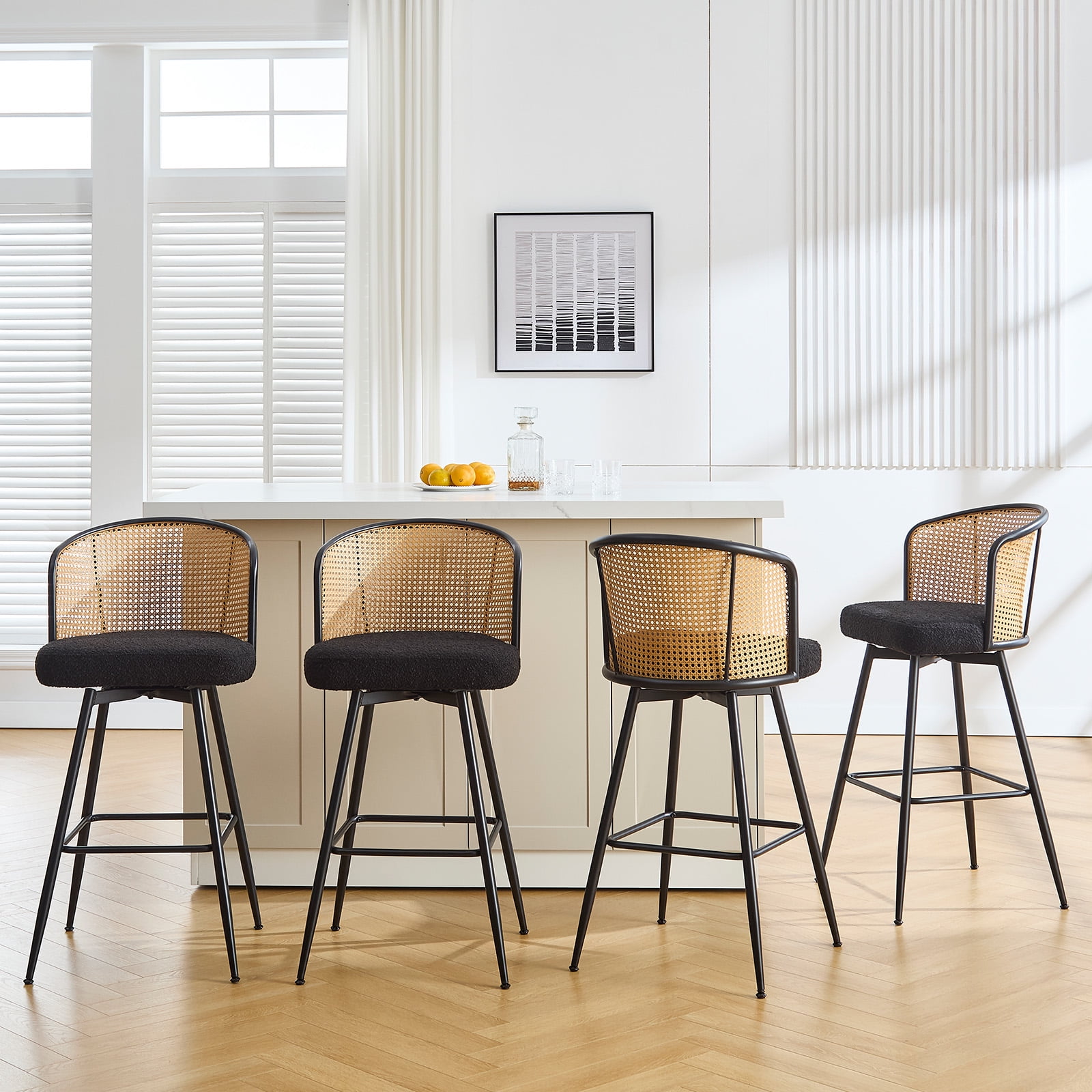 ANMINY Rattan Swivel Bar Stools Set of 2, 26" Counter Height with Rattan Back and Metal Legs, Mid-Century Modern Armless Boucle Fabric Barstools Seat, Upholstered Counter Stools for Kitchen Island