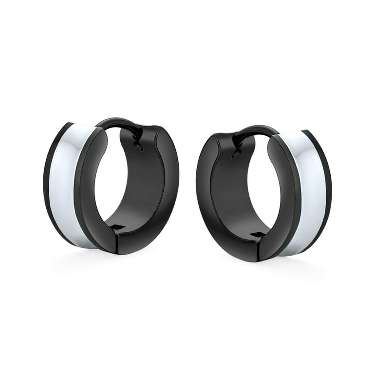 Striped Black Small Hoop Earrings Silver Two Tone Stainless Steel