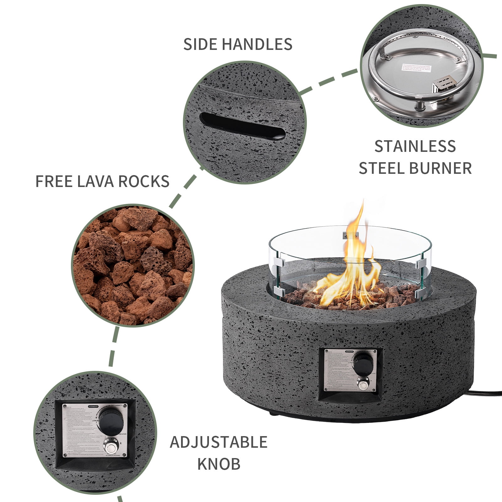 MOALCOFER 28'' Round Propane Gas Fire Pit Outdoor with Wind Guard,40,000 BTU Fire Pit Table Lava Rocks&Cover