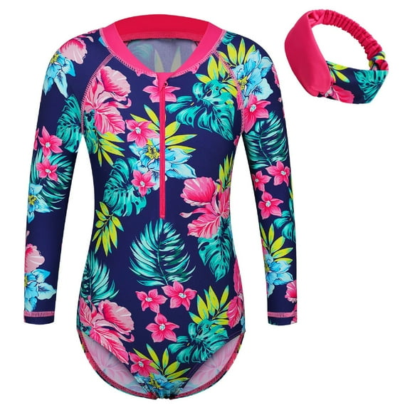 BAOHULU Girls Long Sleeve Swimsuit UPF 50  Sun Protection Swimwear Rashguard Bathing Suit with Hairband