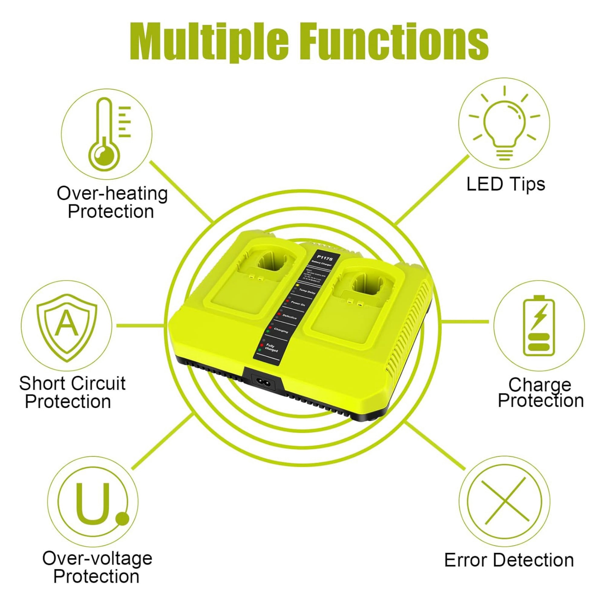 18V Fast Dual Charger for Ryobi 18V ONE+ Lithium Battery P102 P190 P107 P108