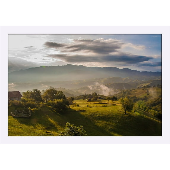 Farms on Hillside - Mountain Morning Mist - Lantern Press Photography (24x16 Giclee Art Print, Gallery Framed, White Wood)