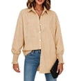 thumbnail image 2 of hoksml Women's Vertical Stripe Button Down Shirt, Smocked Cuff Oversized Pocket Blouse for Office Daily Vacation Wear, 2 of 9