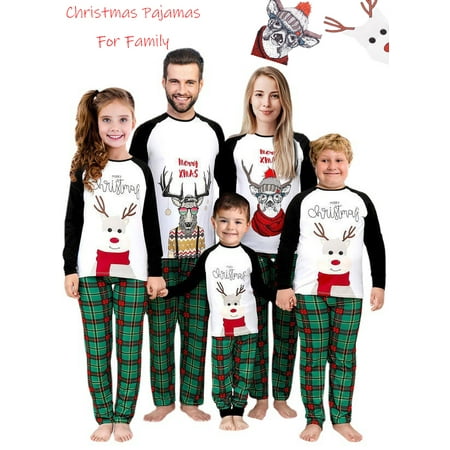 

Sunisery Christmas Family Pajamas Matching Set Merry Deer Pjs Long Sleeve T-Shirt Tops Plaid Pants Sleepwear Holiday Homewear