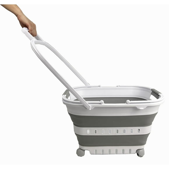 SAMMART Cesta plegable de plástico para la colada de 35 L (9,24 galones) con asa y ruedas – Contenedor/organizador de almacenamiento plegable con asa y ruedas – Ahorro de espacio (1, blanco/gris)