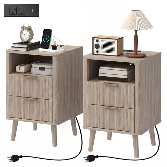 Set of 2 Modern Grey Nightstands with Charging Station, Wave-Textured Bedside Tables with 2 Drawers and Open Shelf, MDF & Pine Wood, 15.7"W x 24"H, for Contemporary Bedroom