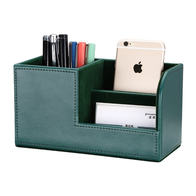 KINGFOM Multifunctional PU Leather Desk Organizer Pen Holder Brush Pot Pen Container Home School Office Stationery Storage Box Office Suppllies Business Cards Remote Control Pencil Holder Dark Green