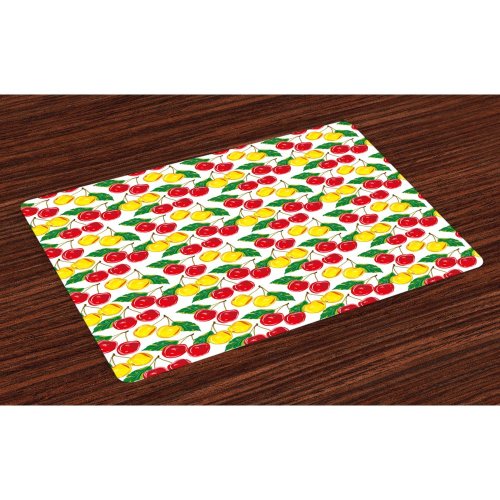 Fruit Placemats Set of 4 Graphic Colorful Cherries with Leaves Pattern