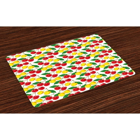 

Fruit Placemats Set of 4 Graphic Colorful Cherries with Leaves Pattern Fresh Ripe Juicy Tasty Summertime Washable Fabric Place Mats for Dining Room Kitchen Table Decor Red Yellow Green by Ambesonne