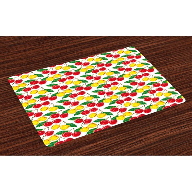 Fruit Placemats Set of 4 Graphic Colorful Cherries with Leaves Pattern