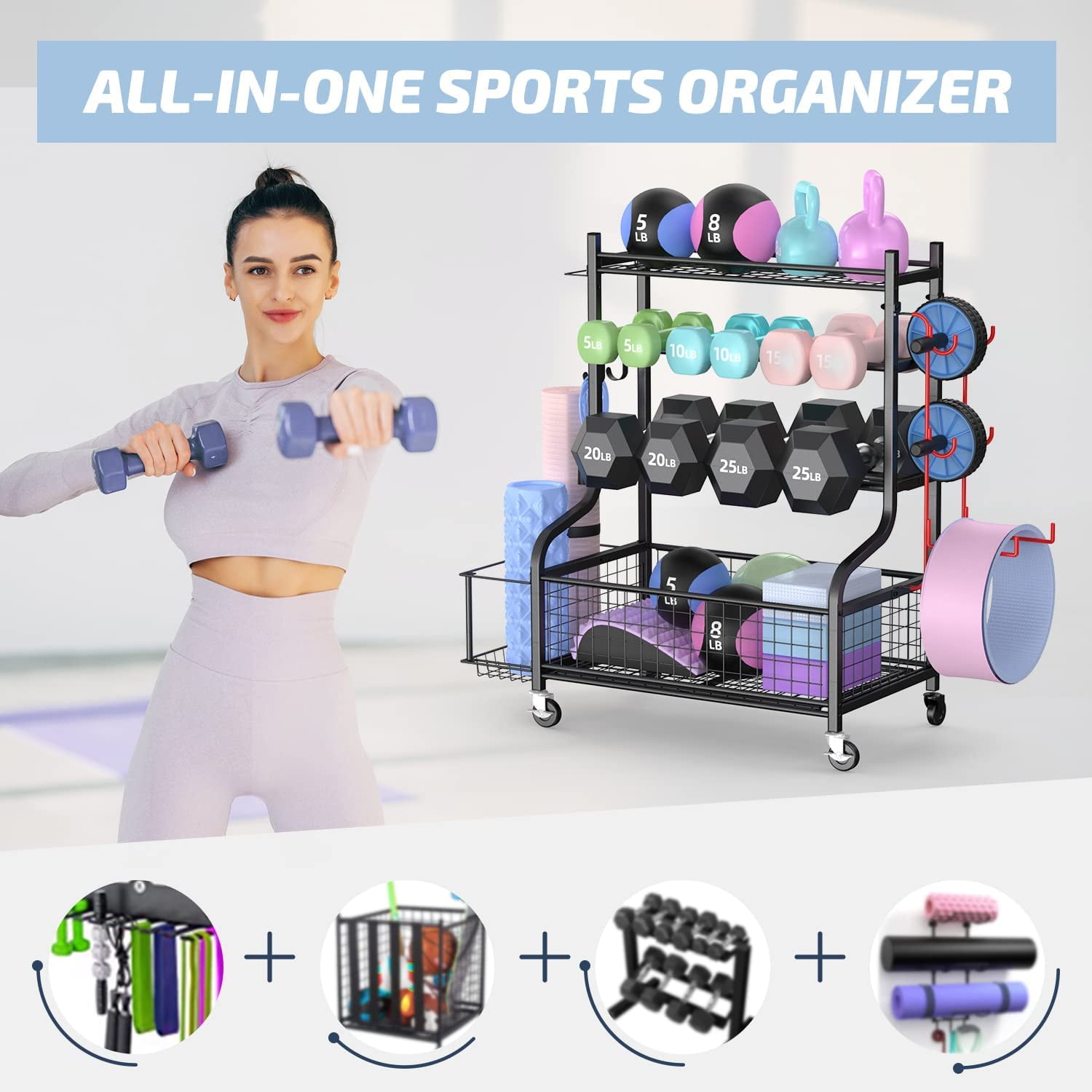 Dumbbell Rack with Wheels, Home Gym Storage Rack for Dumbbells, Kettlebells & Workout Equipment, All-in-One Weight Rack Organizer with Hooks & Basket, Heavy Duty Steel Fitness Stand